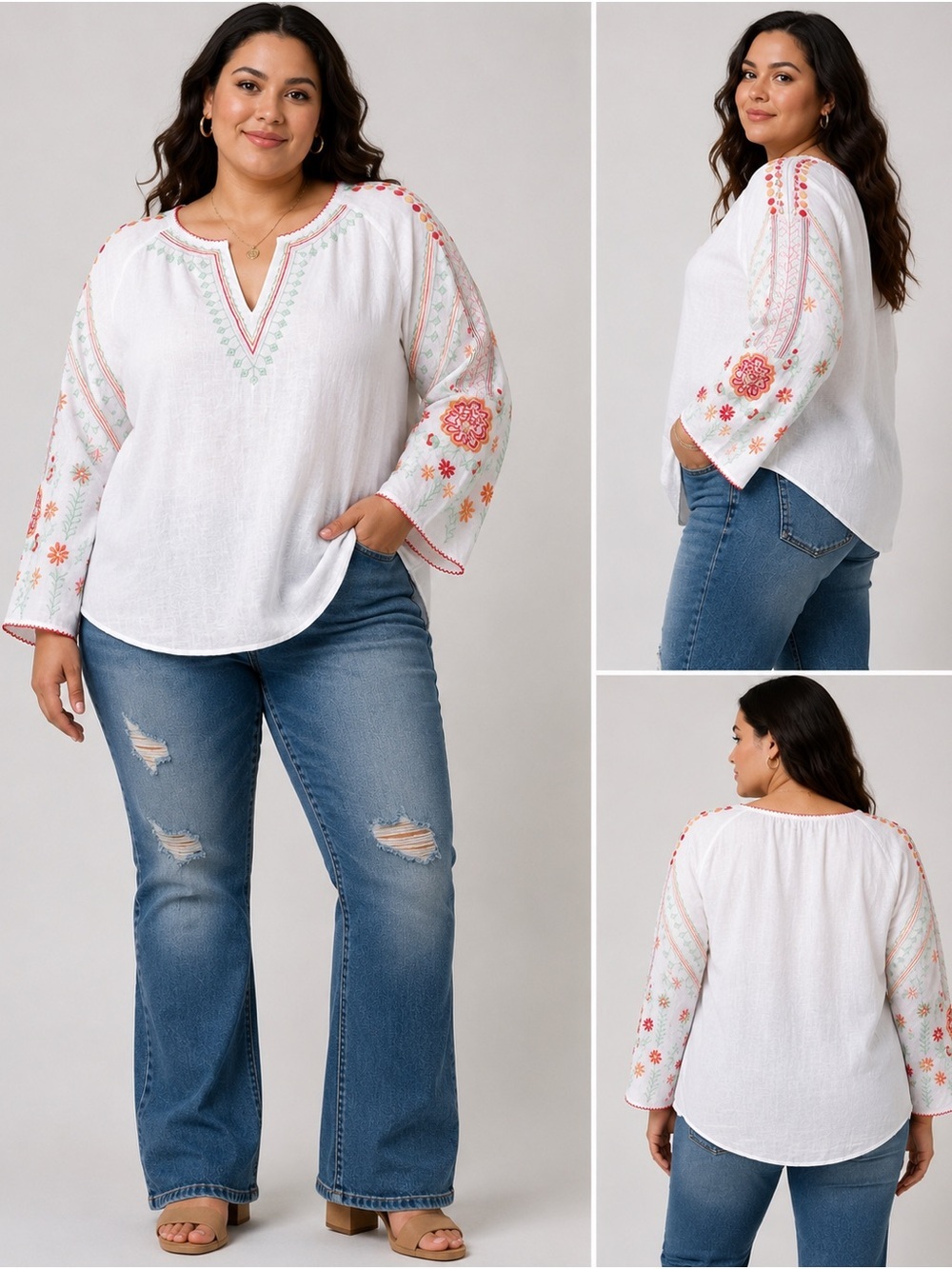 Charter Club White Embroidered Peasant Tunic with Pink & Orange Detail